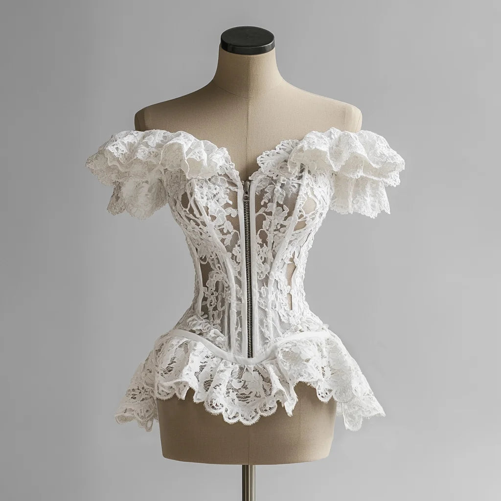 French Corset Blouse Lace Ruffle Off Shoulder Zip Up Tube Tops Bustier Overbust Women Waist Slimming Strapless Tube Top