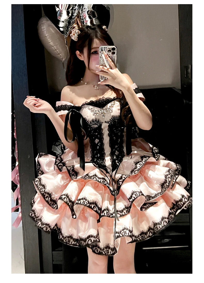 Princess Romantic Date Anniversary Wedding Party Pink Dress Girls Women's Sweet Lolita Halter Off-Shoulder Ball Gown Dresses