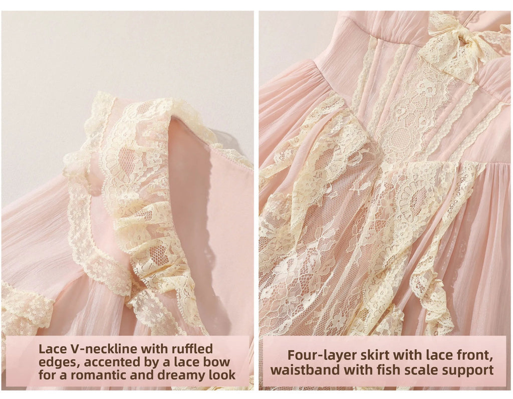 The Parisian Pink Bell Sleeve Gown | Courtly Retro French Lace Dress | Fairy-Tale A-Line Spring Maxi | Parisian Princess