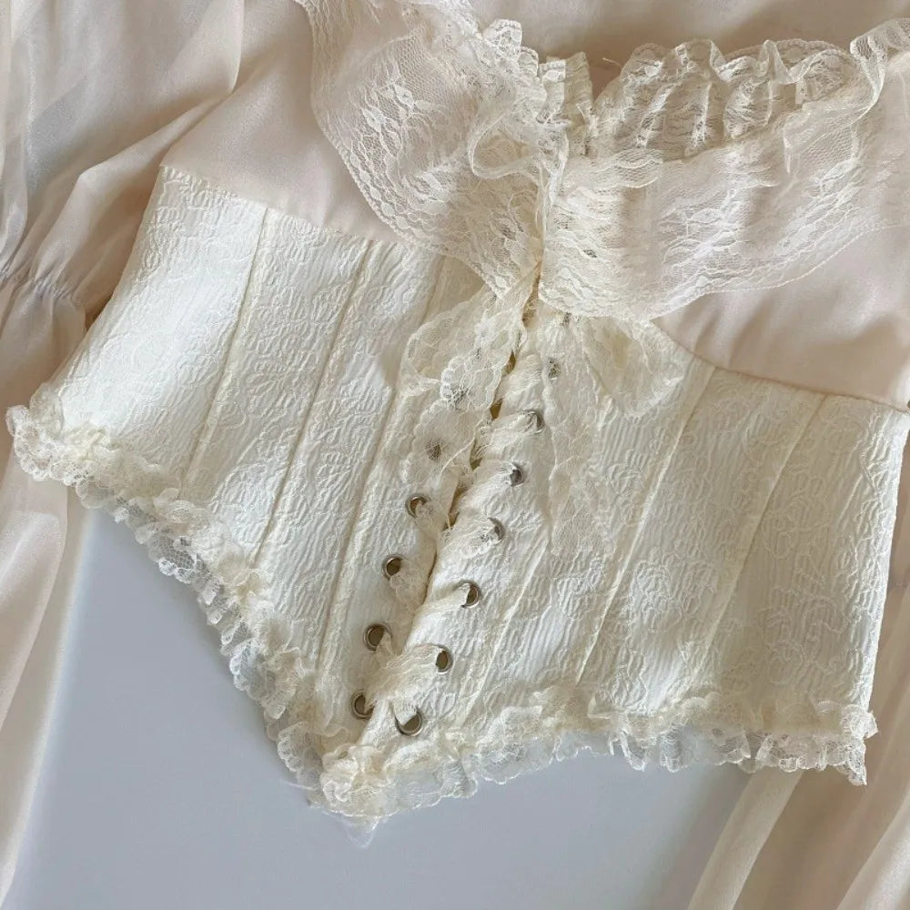 The Élodie Chiffon Manteau | Parisian Ruffled Lace Blouse | Retro Mesh Lantern Sleeve Top | French Riviera Vacation Blouse