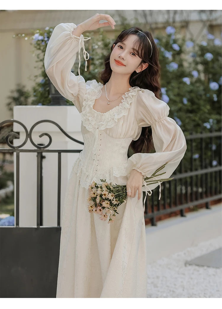 The Ethereal Princess Tatting Gown | Fairycore Lace Midi | French Square Neck Princess Sleeve Vestido | Parisian Princess
