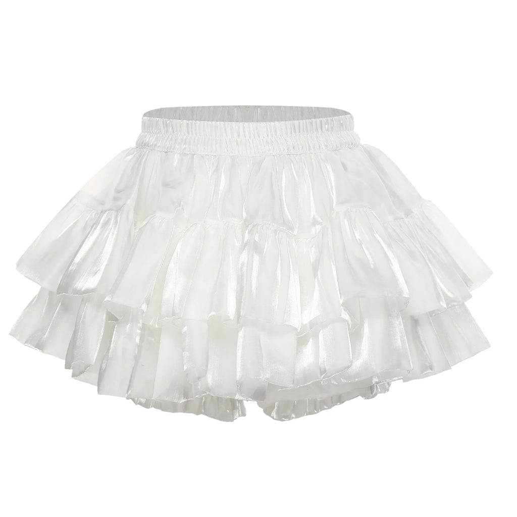 Women Lolita Pumpkin Shorts Puff Y2K Skirt Iridescent Tiered Culottes Elastic Waistband Ruffled Hem Built-in Skirt Anime Costume