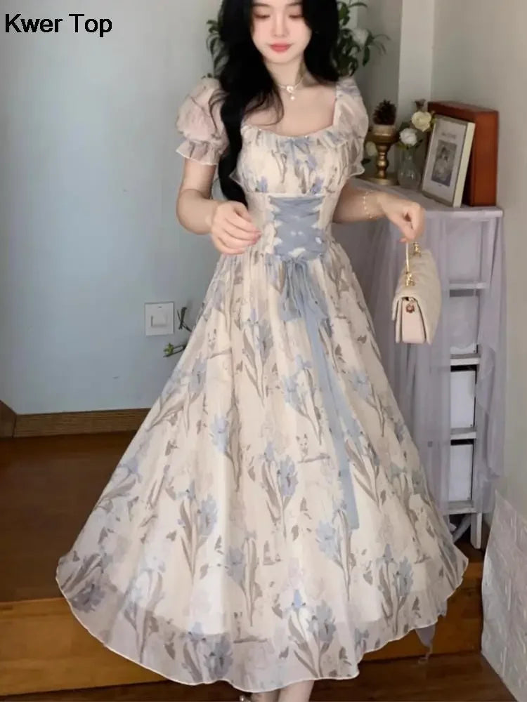 The Trianon Fairy Midi | Parisian Lace Puff Sleeve Princess Gown | Summer Fairycore A-Line Party Dress | Parisian Princess