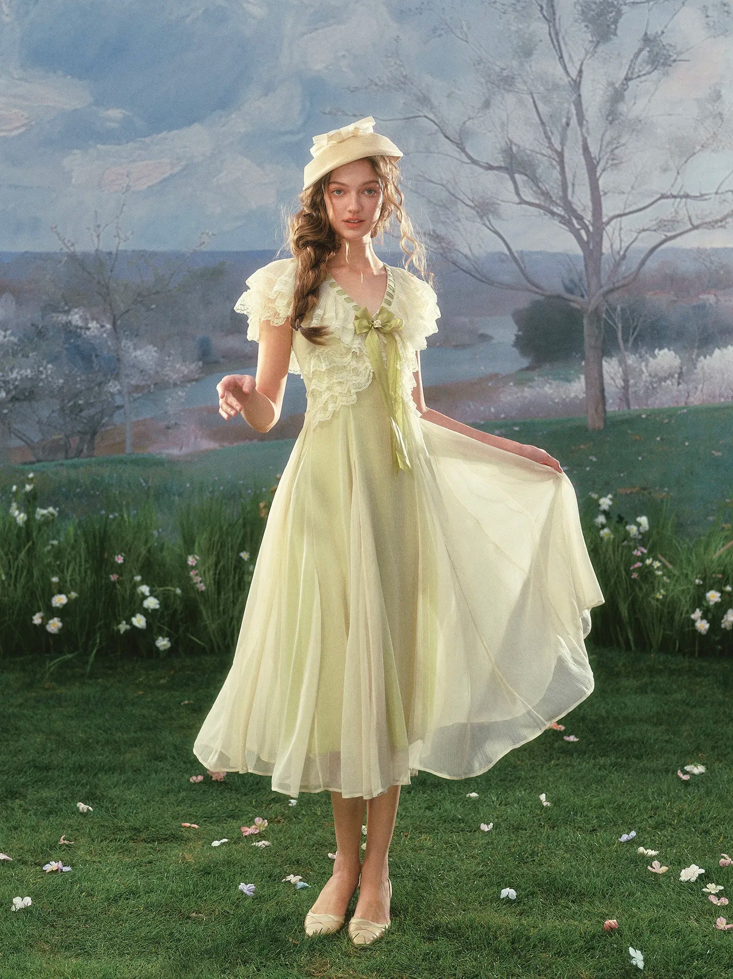 The Luxembourg Garden Gown | French Spring V-Neck Maxi | Vintage Flying Sleeve Lace Patchwork Dress | Parisian Princess
