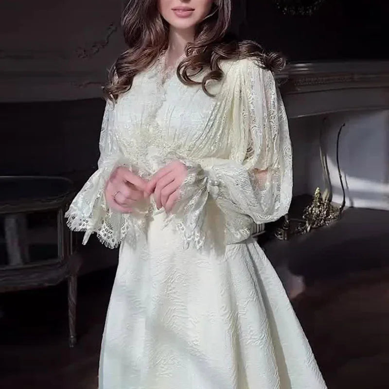 French Sexy Lace Embroidered Jacquard Dress Woman V Neck High Waist Crochet Evening Dresses Autumn Puff Sleeve Tie-up Maxi Dress