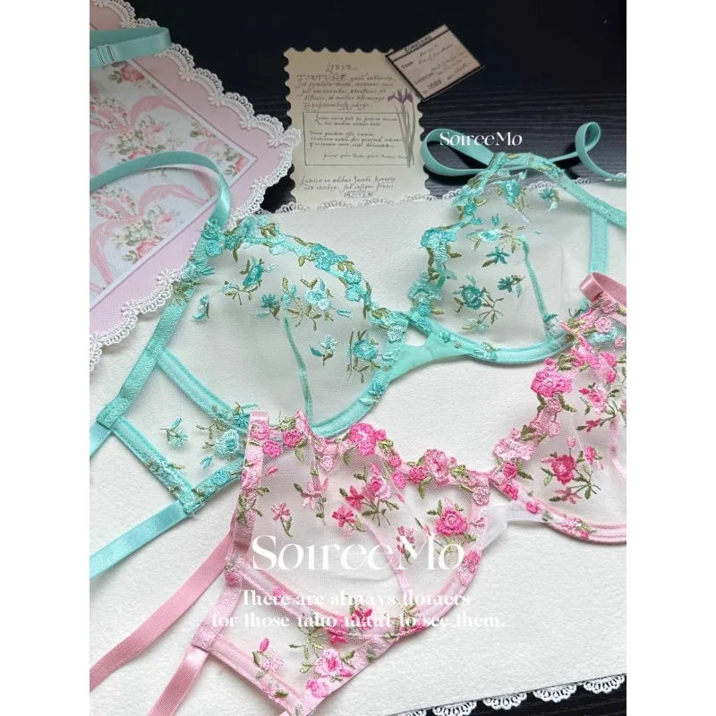 Parisian French Lingerie Set Sheer Tulle, Pink Floral Embroidery Bra Bralette, Sexy Pure Matching Set BANERDANNI Sexy Tushy Bras