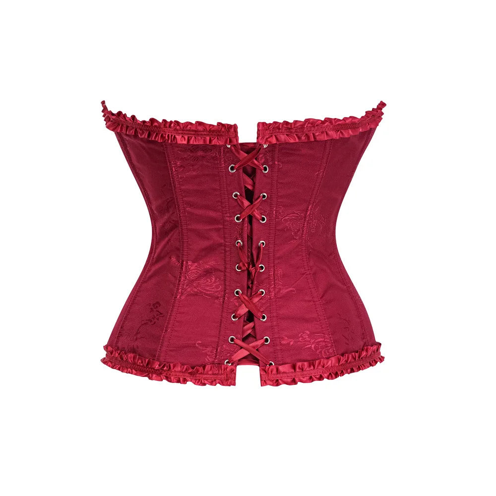 Yellow Jacquard Ruffled Trim Boned Sexy Overbust Push Up Bustier Top Corset Mujer Slimming Corsets For Women Sexy Gothic Clothes