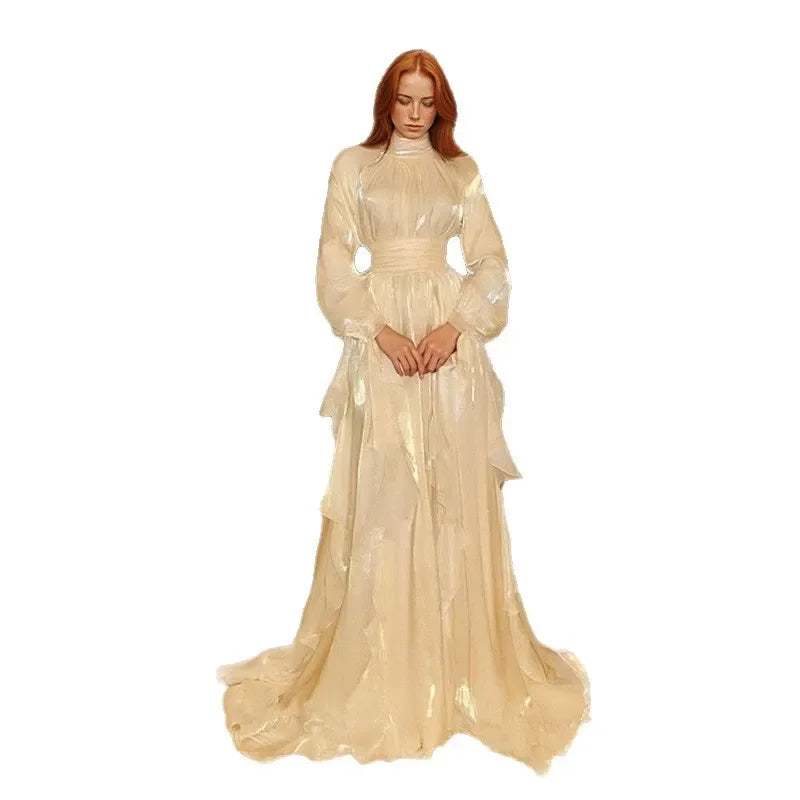 Court Style Pure Color Stand Collar Long Dress Women's Summer Ball Gown with Lace Trim Full Sleeve Cotton Maxi Dress