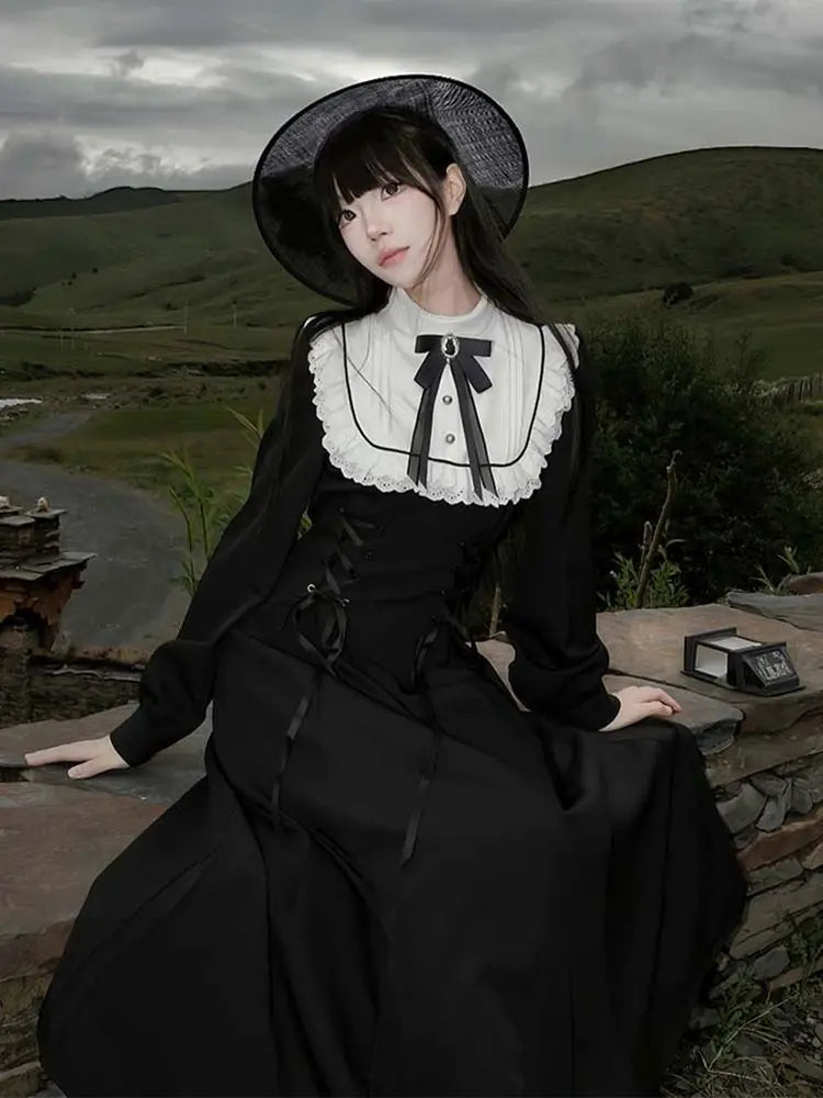 Japanese Y2K Patchwork Midi Dress Women Harajuku Gothic Lace Up Long Dress Female Sweet Lolita Bow Long Sleeve Chic Vestidos New