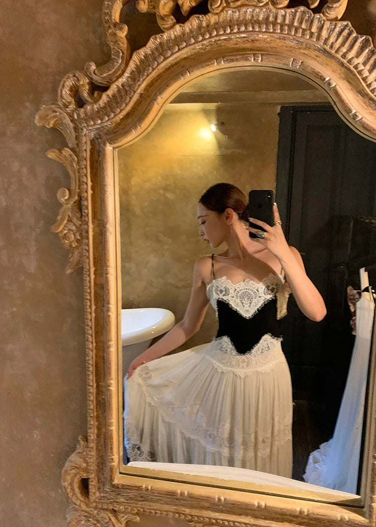 The Midnight Shore Gown | Gothica Summer Holiday Suspenders Dress | Backless Lace Patchwork Vacation Sling | Parisian Princess