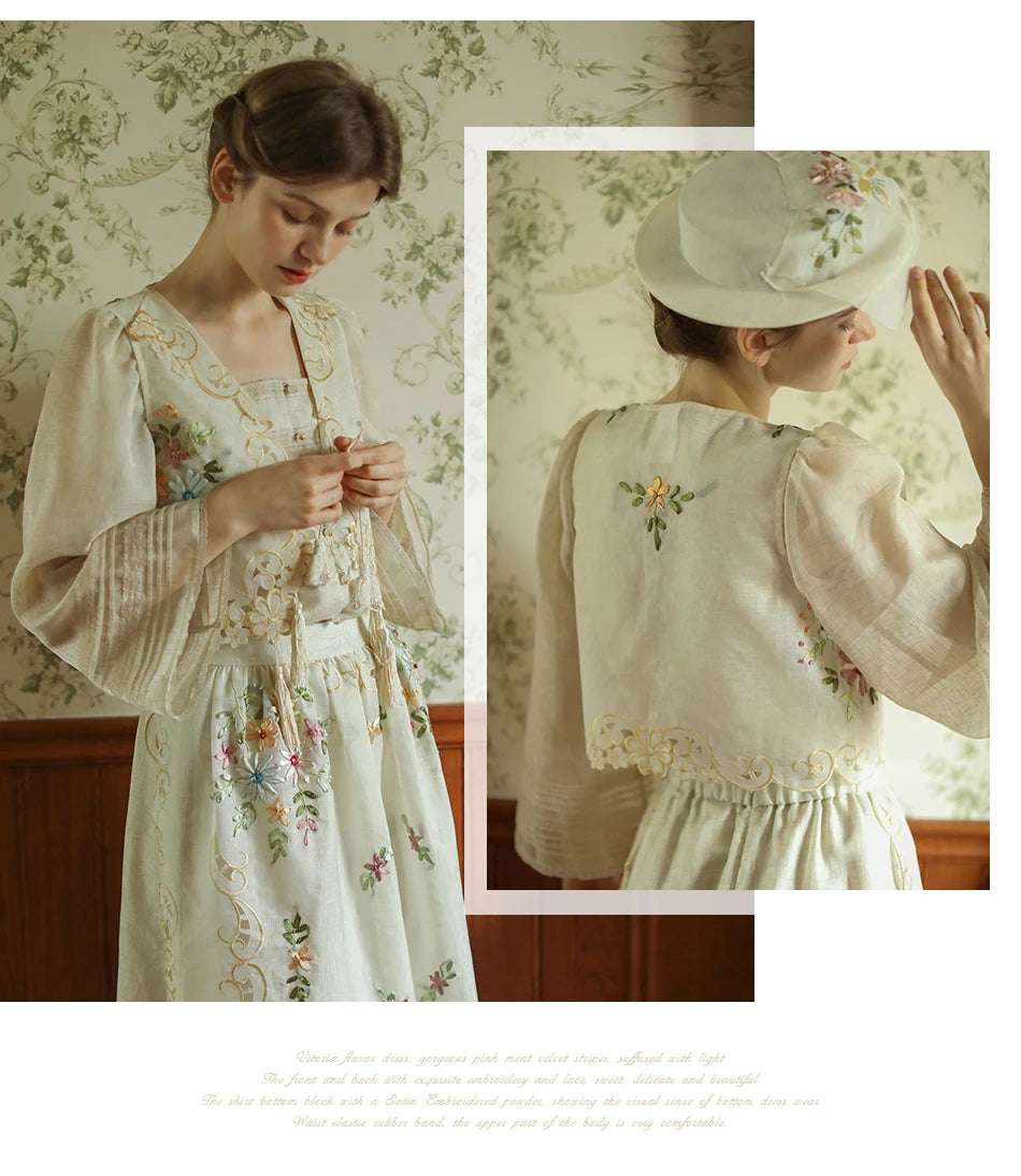 The Antoinette Tassel Embroidery Vest | French Antique Floral Cotton Gilet | Open-Stitch V-Neck | Parisian Princess