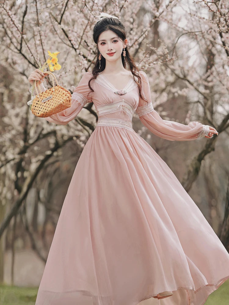 Romantic Pink Chiffon Fairy Dress Woman Vintage Lantern Sleeve V-Neck Lace Princess Dresses For Party Night Vestido Festa