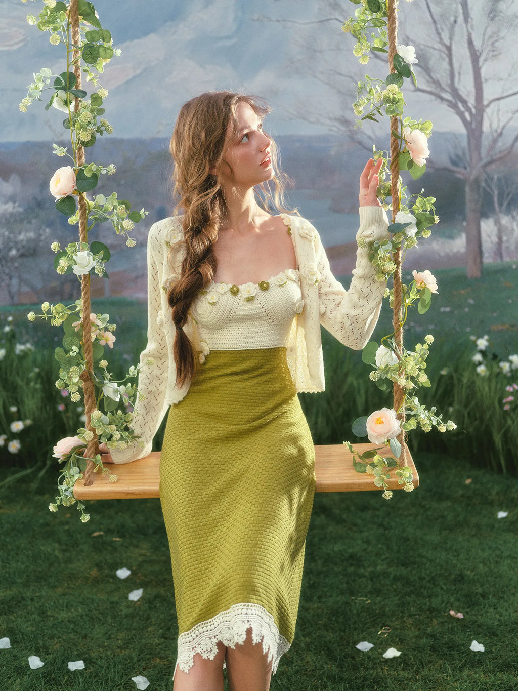 The Garden Princess Crochet Set | Wool Knitted Cardigan & Midi Dress | Handmade Floral Hollow-Out Two-Piece | Parisian Princess