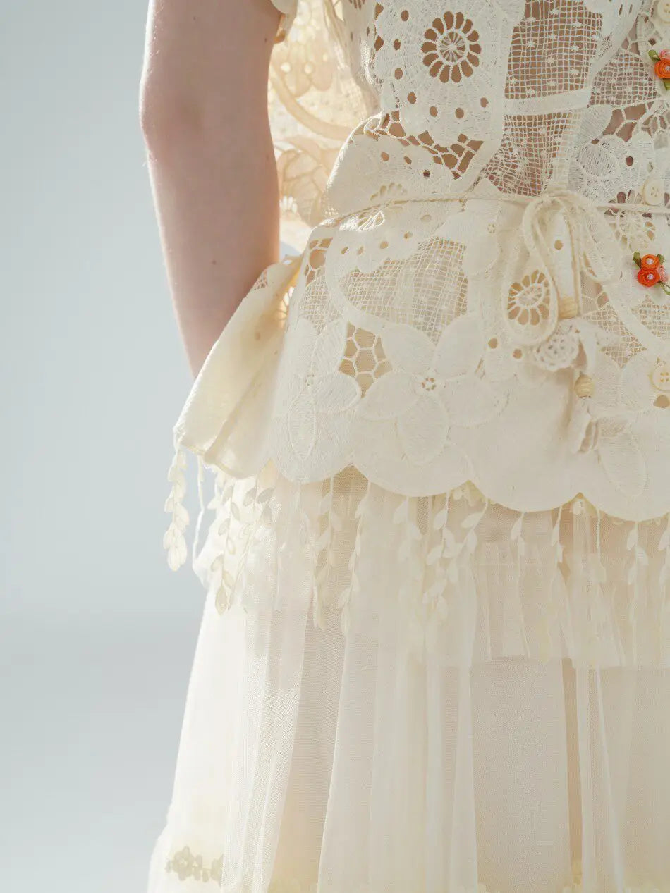 The Palais Cutwork Blouse | Summer Lace Shirt | Handmade 3D Floral All-Over Embroidered Turn-Down Collar Blouse | Parisian Princess