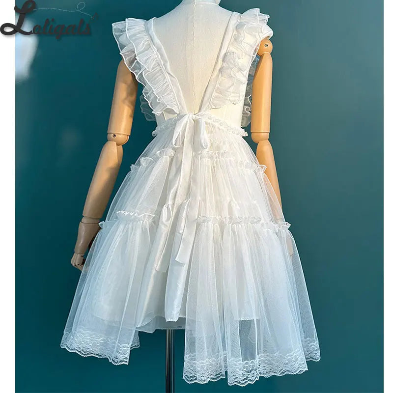 Sheer Mesh Lolita Cover up Dress Ruffled JSK Dress w. Lace Detailing