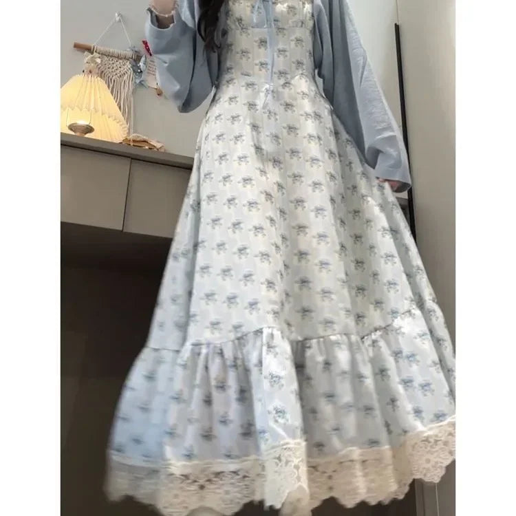 Parisian College Style Floral Print Strapless Dress Blue Sweater Cardigan Two-Piece Set Women's Fashion Casual Outfit Ensemble