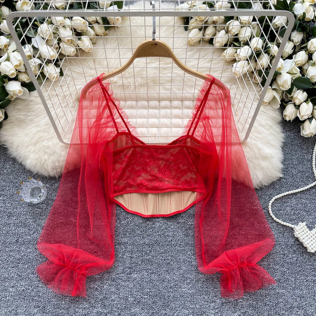 Women Chic Lace Mesh Sheer  Long Sleeve Backless Crop Top Solid Slim Parisian French Fashion Summer Women Shirt Square Collar