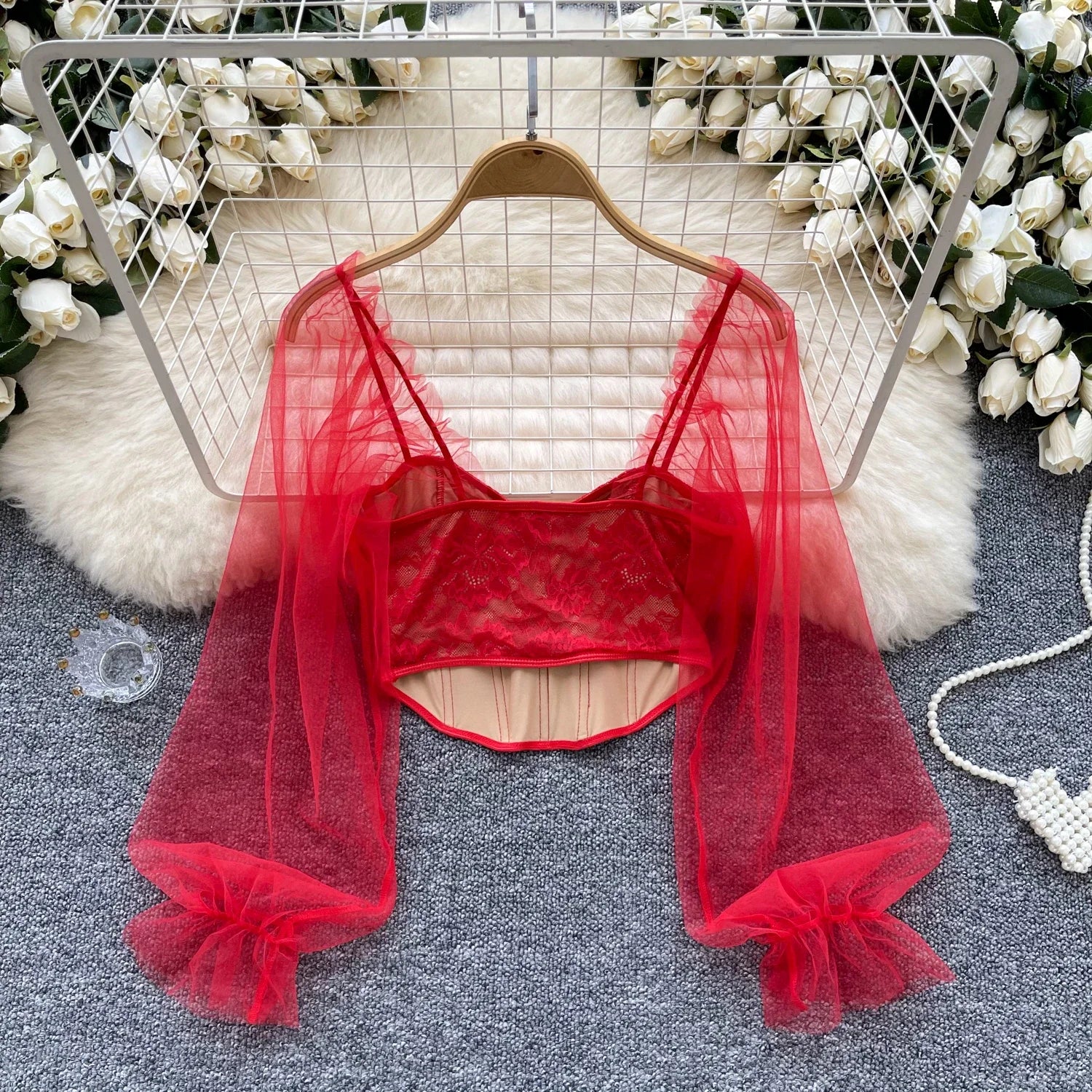 Women Chic Lace Mesh Sheer  Long Sleeve Backless Crop Top Solid Slim Parisian French Fashion Summer Women Shirt Square Collar