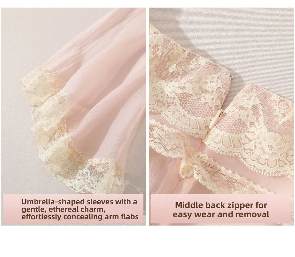 The Parisian Pink Bell Sleeve Gown | Courtly Retro French Lace Dress | Fairy-Tale A-Line Spring Maxi | Parisian Princess