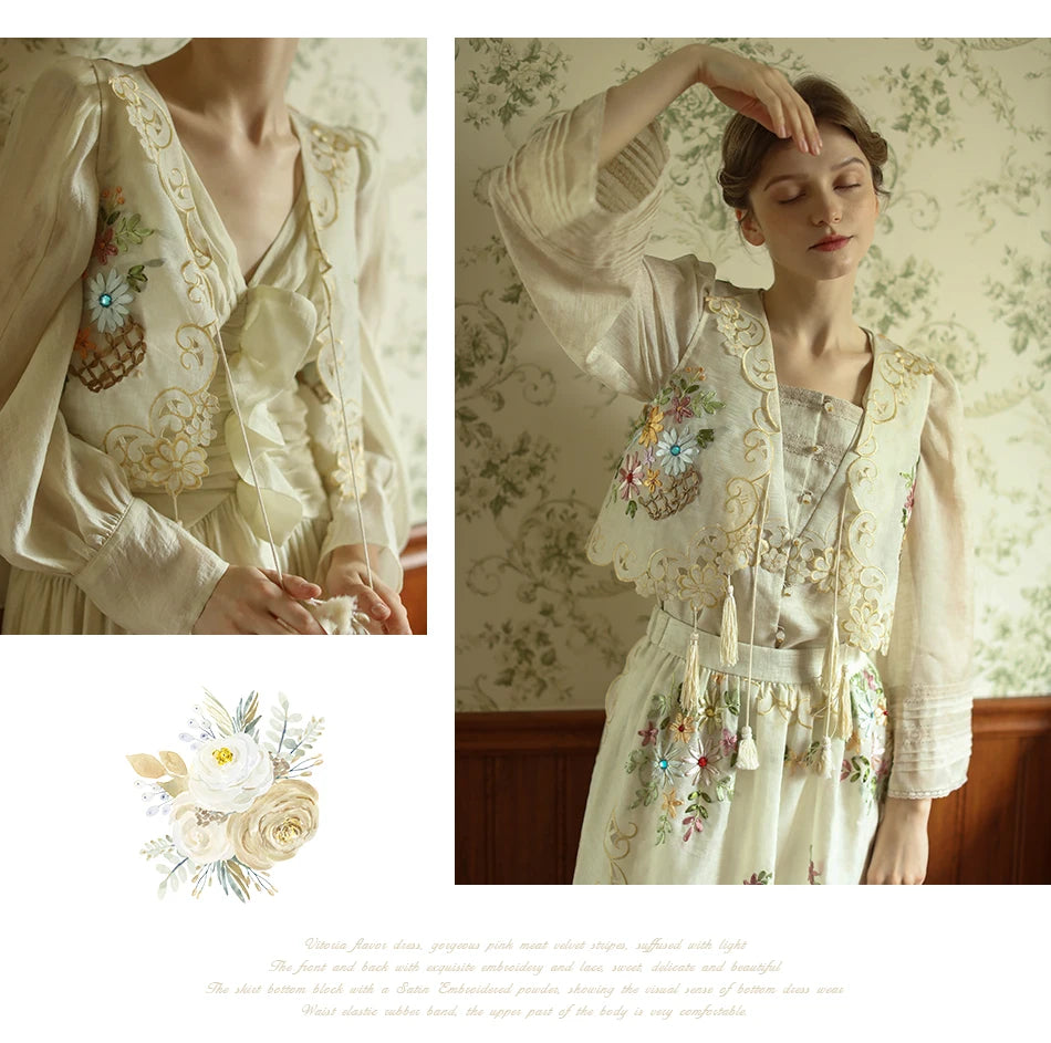 The Antoinette Tassel Embroidery Vest | French Antique Floral Cotton Gilet | Open-Stitch V-Neck | Parisian Princess