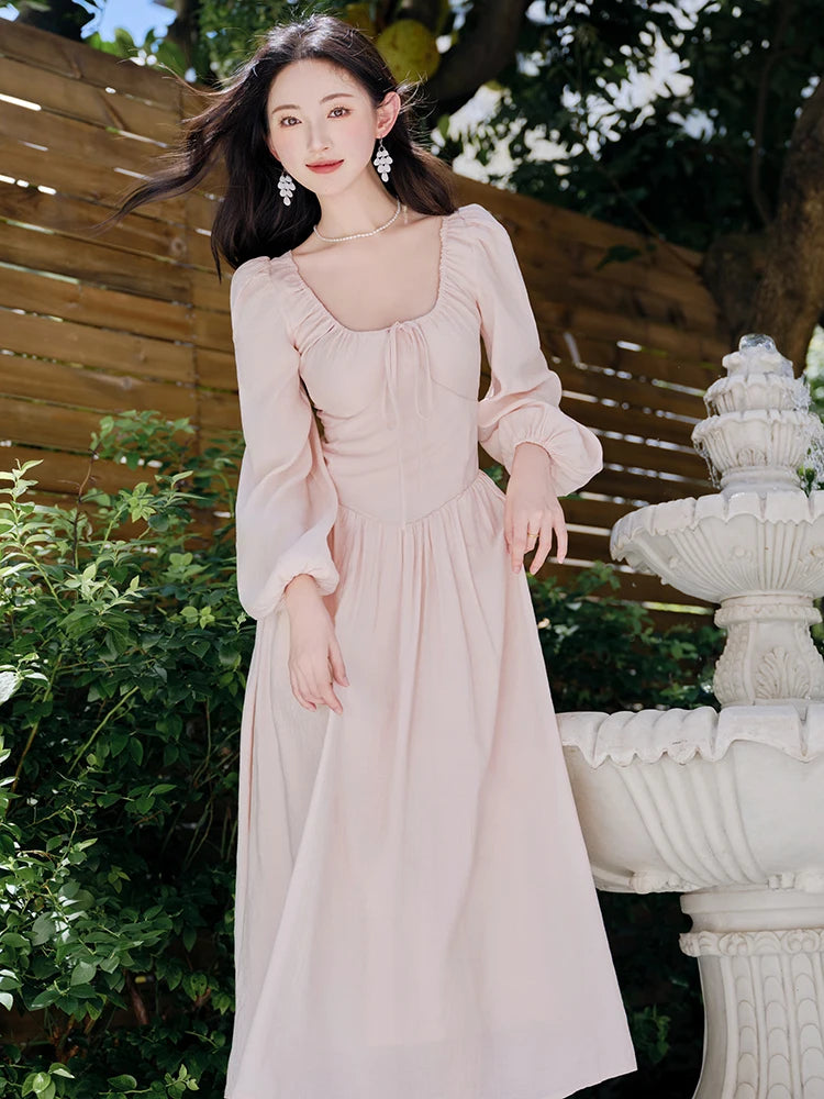 Parisian Cottagecore Vintage Romantic Pink Fairy Dress Woman Retro Victorian Style Solid Square Collar Classic Lady Dresses For Formal Occasion