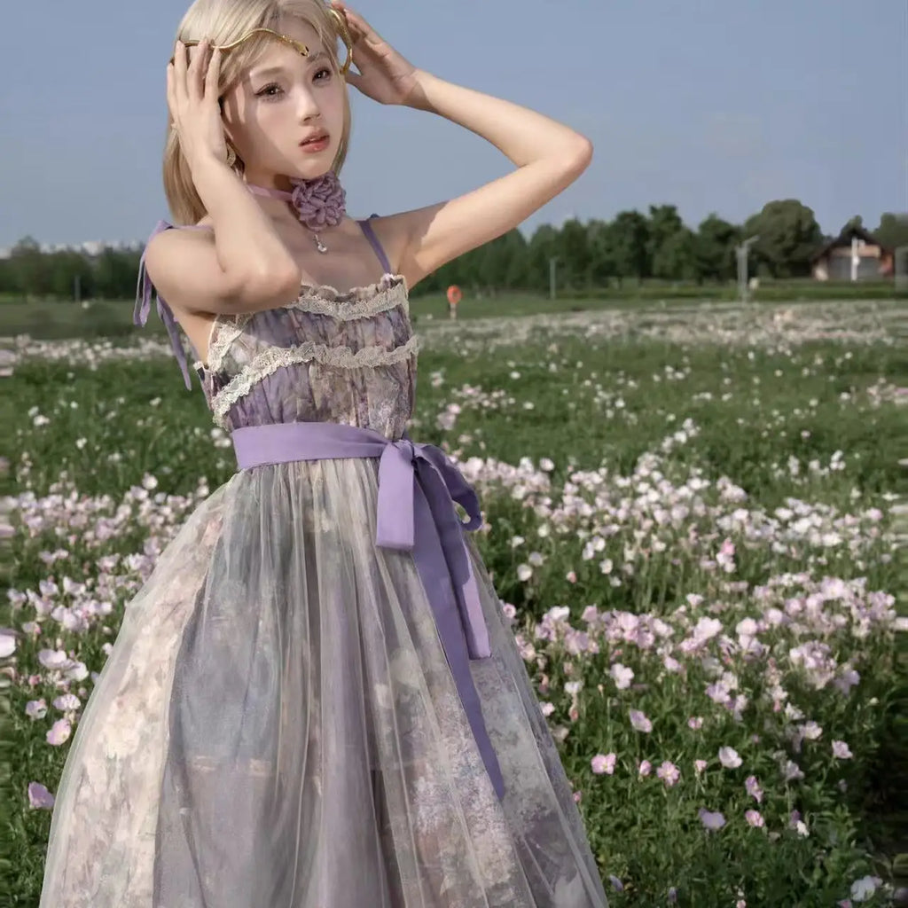 The Lavender Fields Oil Painting Bow Gown: A Parisian Masterpiece | Original Art Print Dress | Parisian Princess