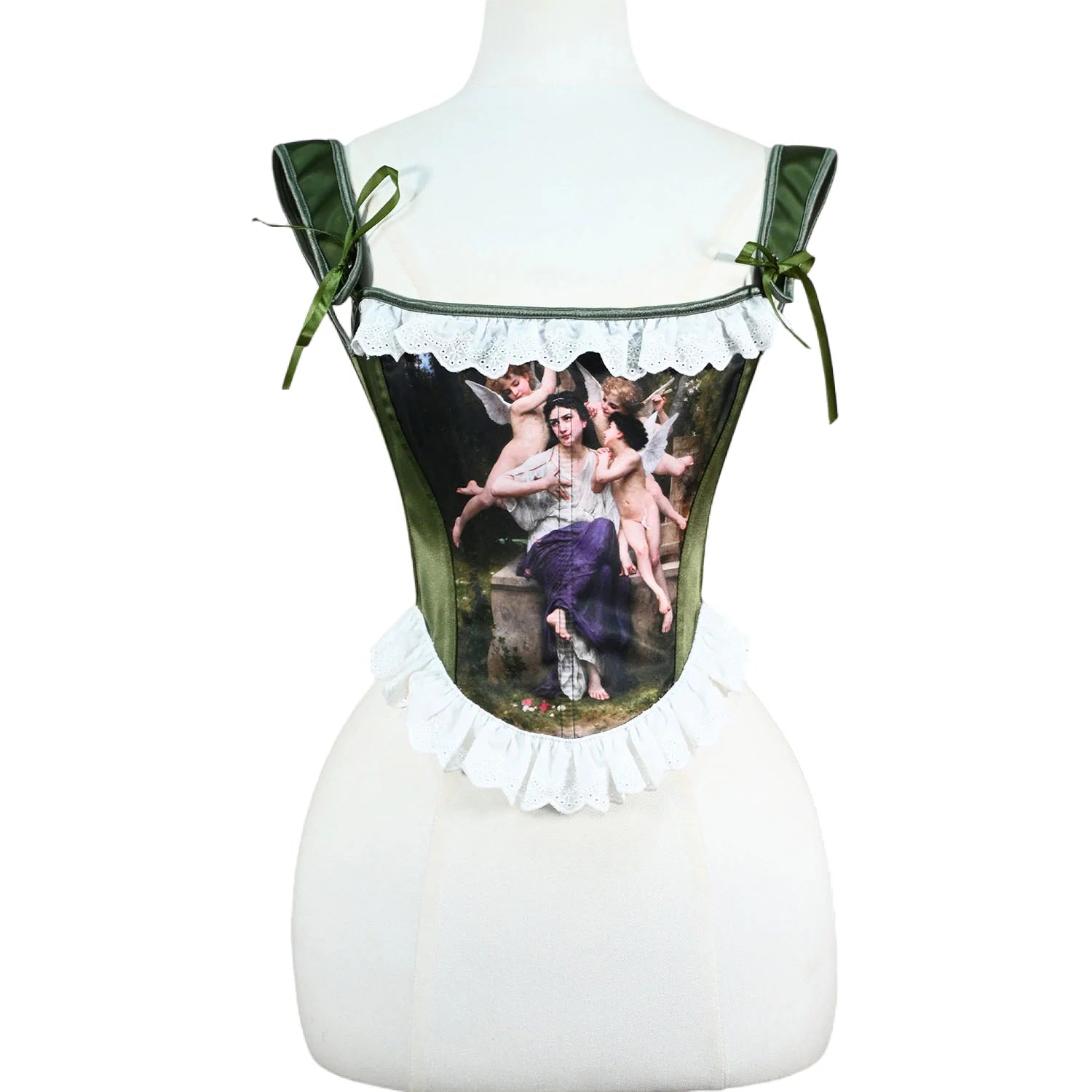 Women Green Printed Corset Vest Bustier Overbust With White Lace Vintage Bodice Lace Up Boned Shaping Tops Stage Costume
