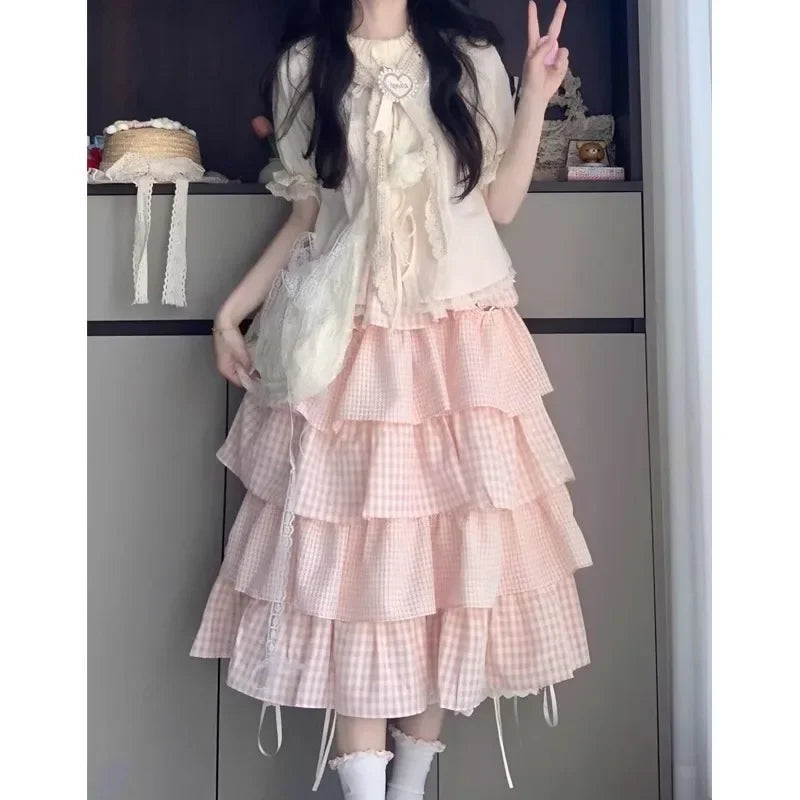 Cute Sweet Sister Classic Parisian Outfit Women's Plaid Ribbon Tied Shirt And Knee-Length Cake Skirt Two-Piece Set