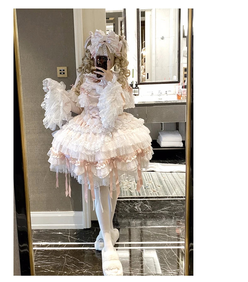 Pink Lolita Princess Dress Women's Bow Lace Heavy Industry Sweet Elegant Birthday Party Evening Dress Lady Suspender Dress Cloak