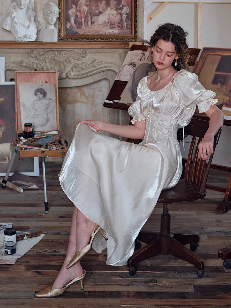 French Renaissance Women Hollow Lace Waist Trainer Dress Satin Glossy Puff Sleeve Midi Long Dress Party Fairy Summer Clothes