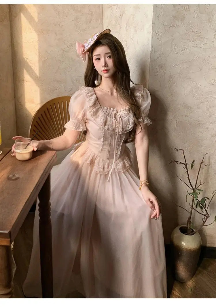 Timeless Signature Parisian Blush Pink Lace Dress French Couture Puff Sleeve Sweet Elegant Max