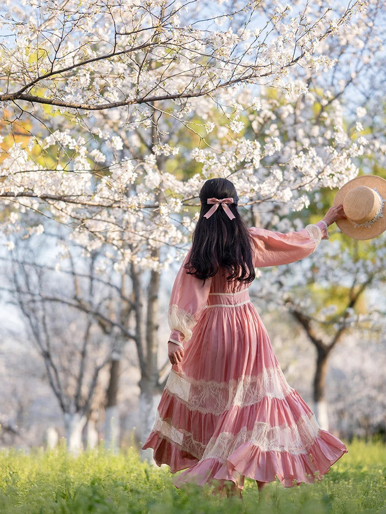 Parisian Long Maxi Women Ladies Dress Full Lantern Sleeve Pink Lace Patchwork 2025 New S-XL Spring Autumn Summer Square Collar