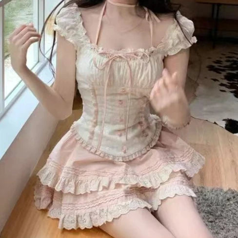 Sweet Parisian 2-Piece Dress Set Women Sexy Off-Shoulder Corset Tops + Mini Cake Skirt French Court Casual Parisian Chic Outfit New