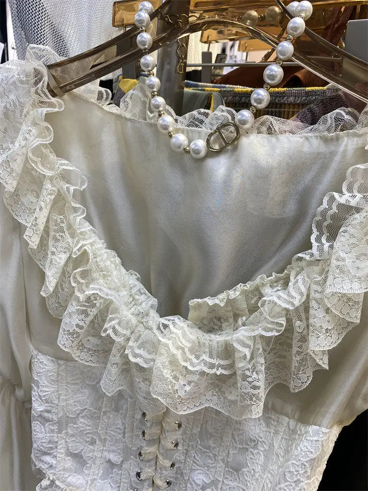 ParisianLace Strap Shirt Women Fashion Print Splice Temperament Gentle Sweet Solid Slim O-neck Spring Chic Female Top 2024