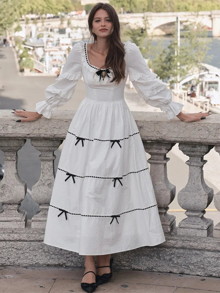 Gothica Parisian Fall White Maxi Dress Women Vintage Elegant Slim Lace Collar Long Sleeve French Halloween Dress