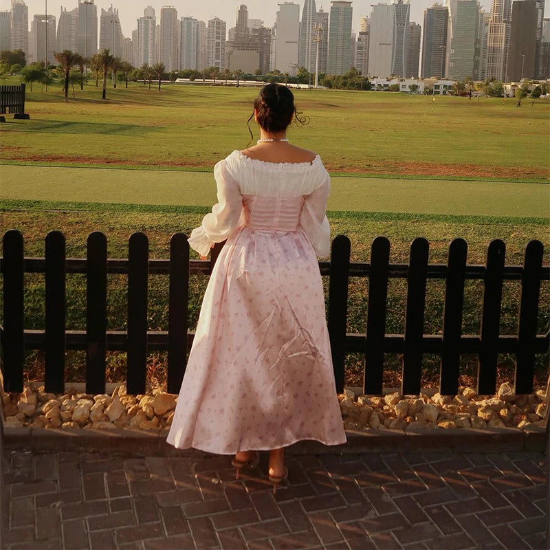 Elegant Sweet Pink Floral Print Princess Dress Off-shoulder Long Sleeve Ankle Length Prom Gown 2025 NEW Patchwork Fishbone Dress