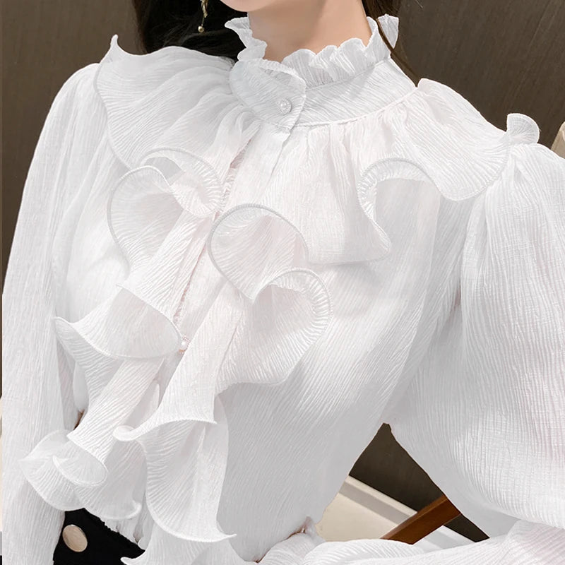 The Versailles Ruffled Chiffon Blouse | Stand Collar Lace Puff Sleeve | French Vintage Shirt | Parisian Princess