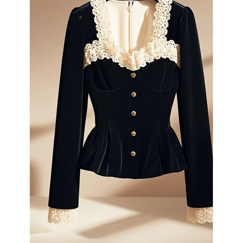 Women Stylish Parisian Vintage French Style Lace Patchwork Blouses Elegant Chic Luxury Slim Shirts Square Collar Black Long Sleeve Tops