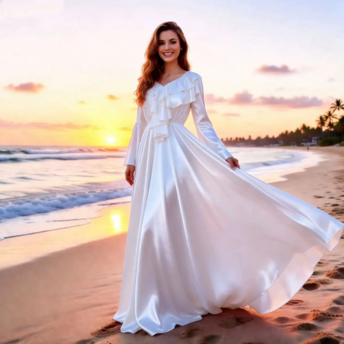 The Petit Trianon Ice Silk Sleep Gown | Glossy Satin Ruffle Maxi | Butterfly Sleeve Nightdress | Parisian Princess