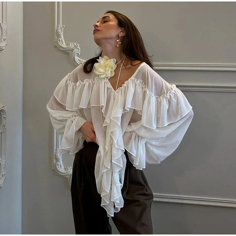 The Éclat Summer Tiered Blouse | French V-Neck Gauze Top | Ethereal Loose Fit Manteau | Parisian Princess