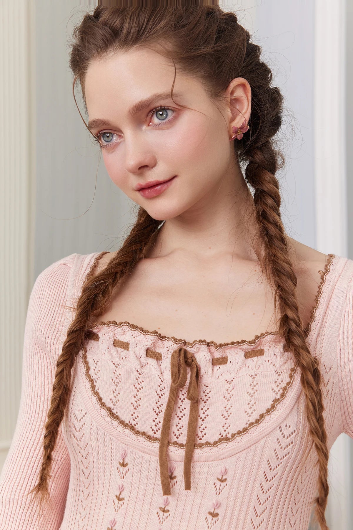 76-88cmBust FallWinter Long Pleated Dress Women Vintage ElegantSlim Embroidery Square Neck Flare Sleeve 100%Cotton Knitted Dress