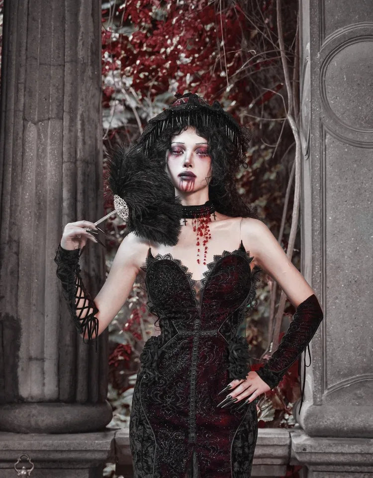 Gothica Original Design Vampire Black Red Dress Lace Patch Gothic Velvet Trumpet Sleeveless Sexy X-Long Dress Halloween