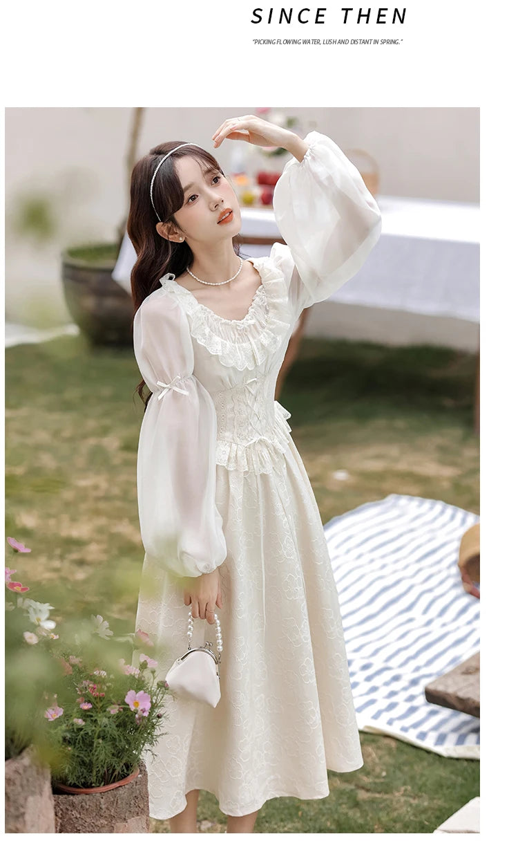 French Fairy Lantern Sleeve Midi Dress for Women Summer Elegant Retro Slim Sweet Party One Piece Dress Korean Casual Clothes