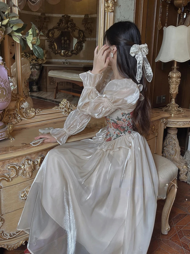 The Trianon Fairy Midi | Vintage Floral Puff Sleeve Prom Dress | Elegant Luxury Print Summer Gown | Parisian Princess