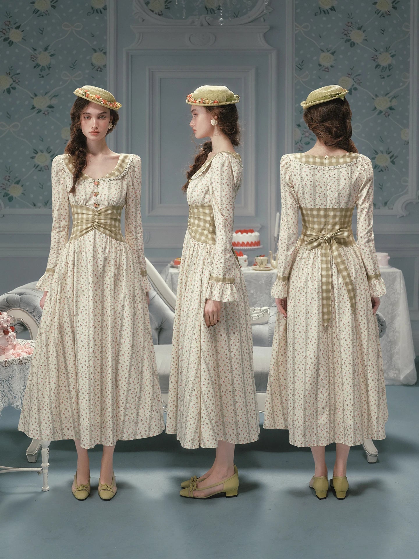 The Cotton Trianon Plaid Patchwork Maxi | 100% Cotton Long Sleeve Gown | Parisian Prairie Dress | Parisian Princess