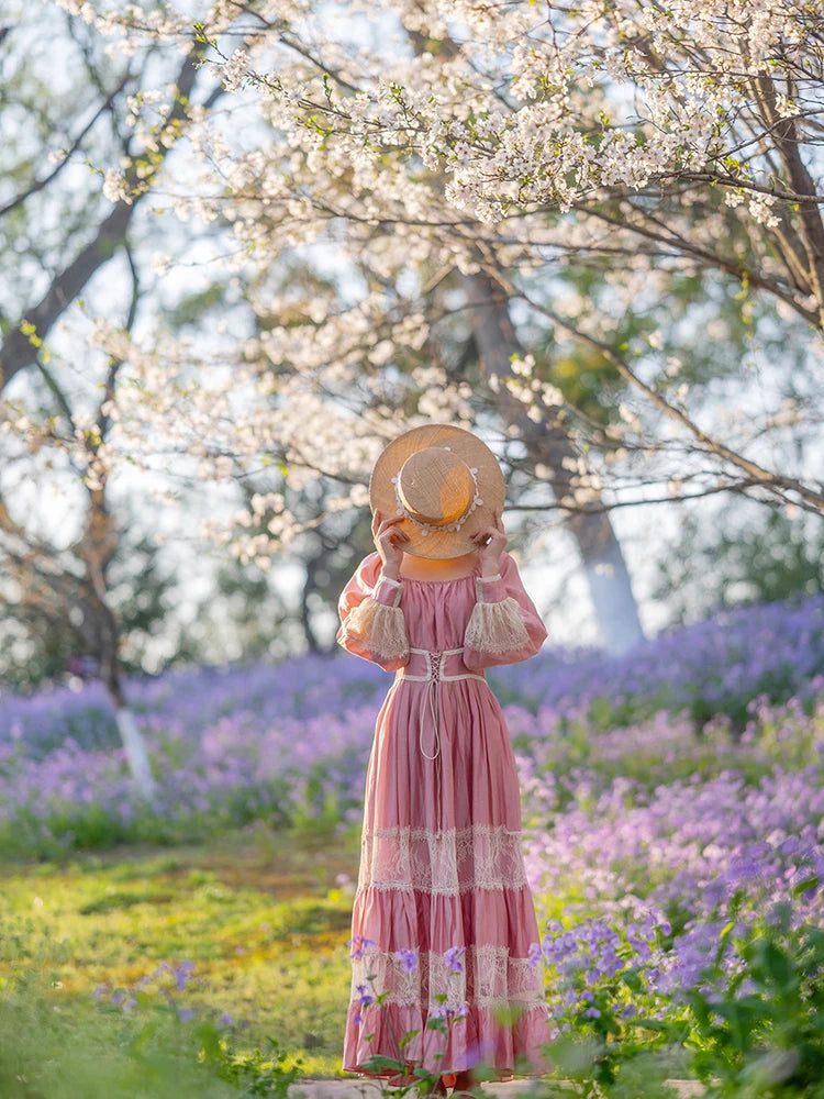 Parisian Long Maxi Women Ladies Dress Full Lantern Sleeve Pink Lace Patchwork 2025 New S-XL Spring Autumn Summer Square Collar