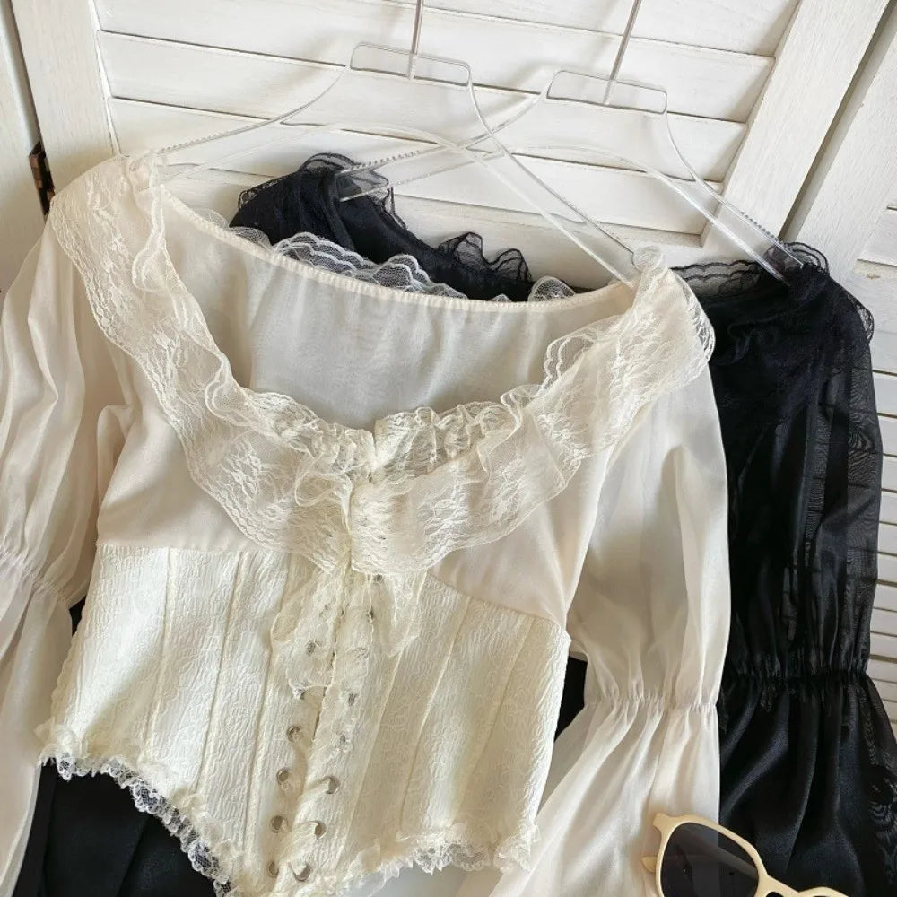 The Vivienne Lace Manteau | Parisian Ruffled Chiffon Blouse | French Mesh Patchwork Top | Lantern Sleeve Coquette Shirt