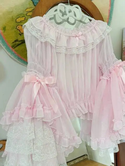 French Lolita Flare Sleeve Sweet Bow Shirt Parisian Aesthetic Slash Neck Lace Patchwork Blouse Women Loose Grunge Ruffled Blusas