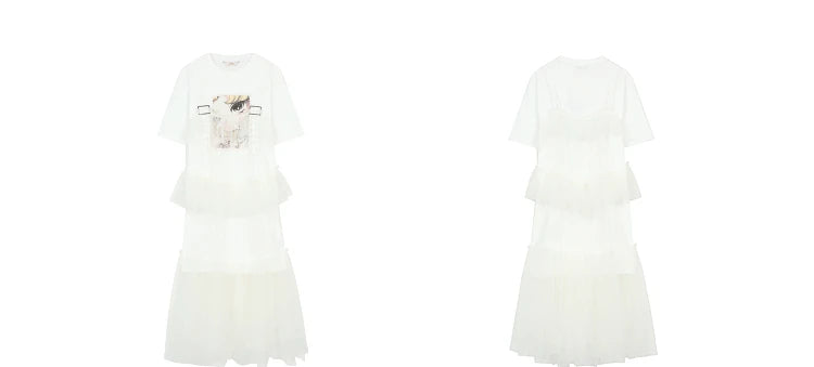 The Toulouse Cotton Lace Dress Set | Sweet Cool Printed T-Shirt & Spliced Maxi | Two-Piece Mesh Dress | Parisian Princess