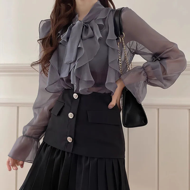 The Adrienne Chiffon Manteau | Parisian Office Lady Silk-Touch Blouse | French Sweet Bow Executive Shirt | Slate Gray Summer Atelier Top